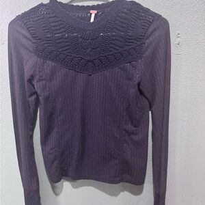 Free People Purple Ribbed Long Sleeve Top with Lace Yoke